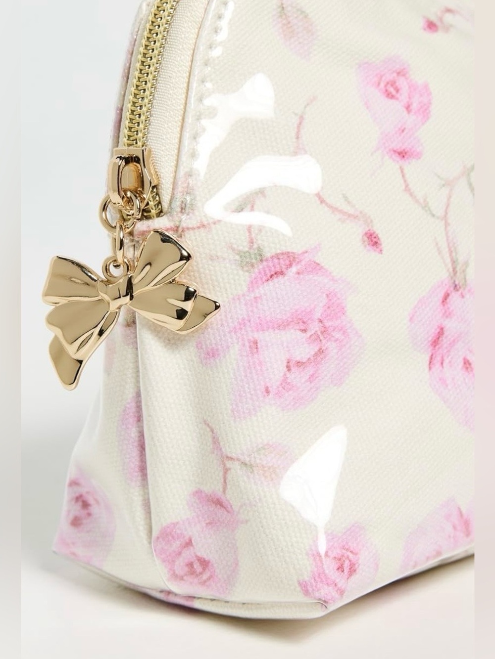 Love Shack Fancy Floral Bow Charm Cosmetic Pouch - Cream with Pink Roses